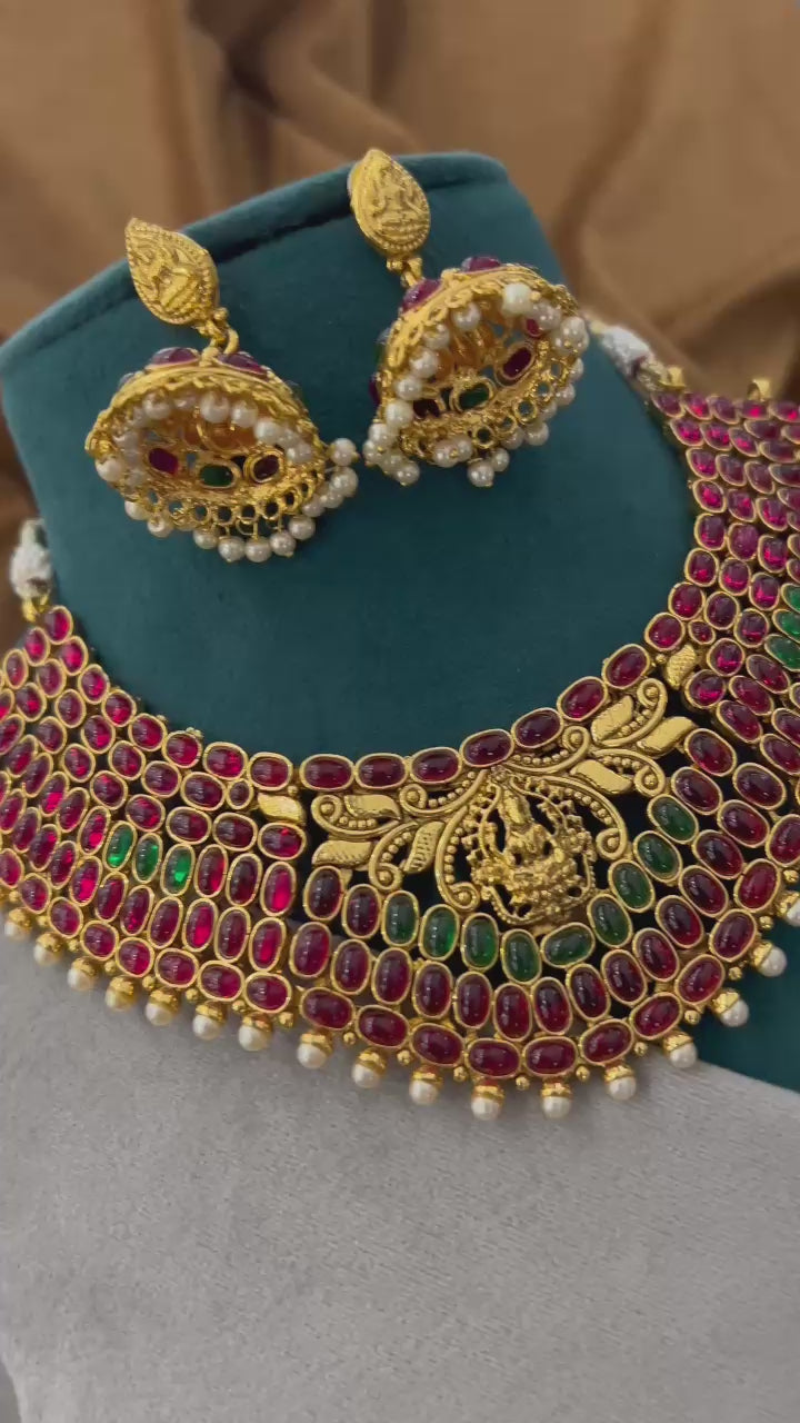 Heavy Lakshmi Temple Choker Set with Ruby-Green Stones & Pearl Drops
